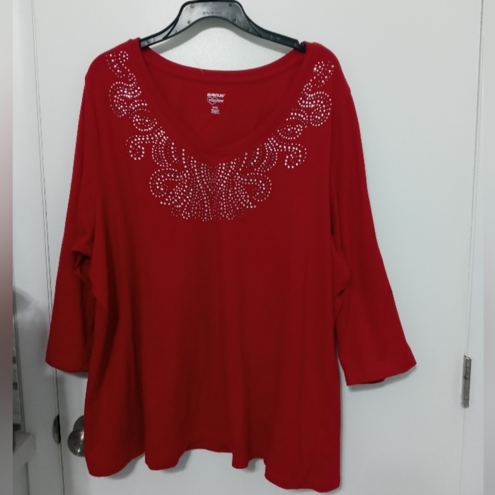 Avenue Your Tee 3/4 Sleeve V Neck red T Shirt with " Diamond" And Rhinestones